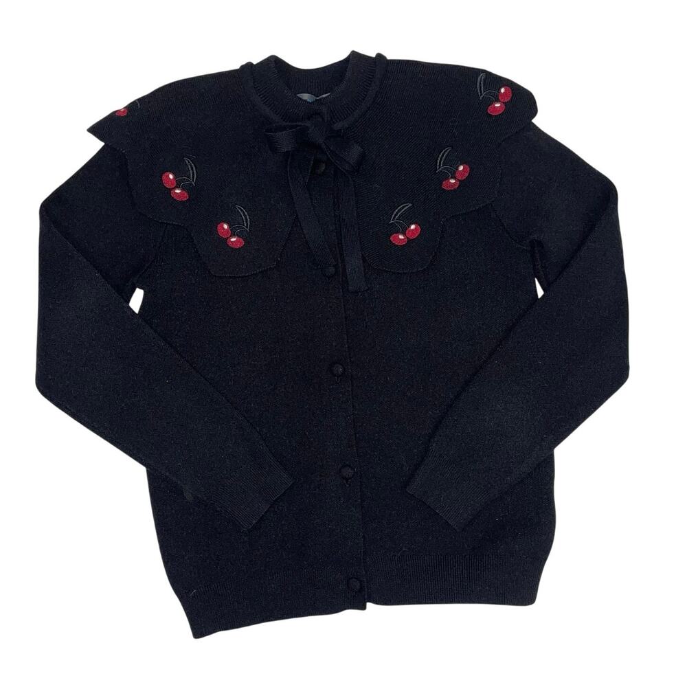 Girls Black Cardigan Sweater with Cherry‎ Peter Pan Collar Tie Neck Size 12